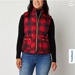 St John’s Bay Buffalo Plaid Festive Holiday Quilted Outdoor Vest Size Small